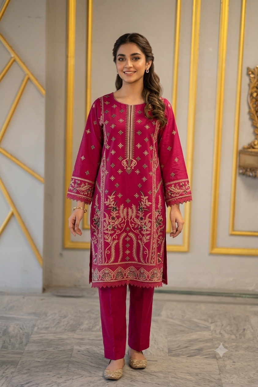 Premium Embroidered Lawn Unstitched 3 Piece Suit – Deep Pink