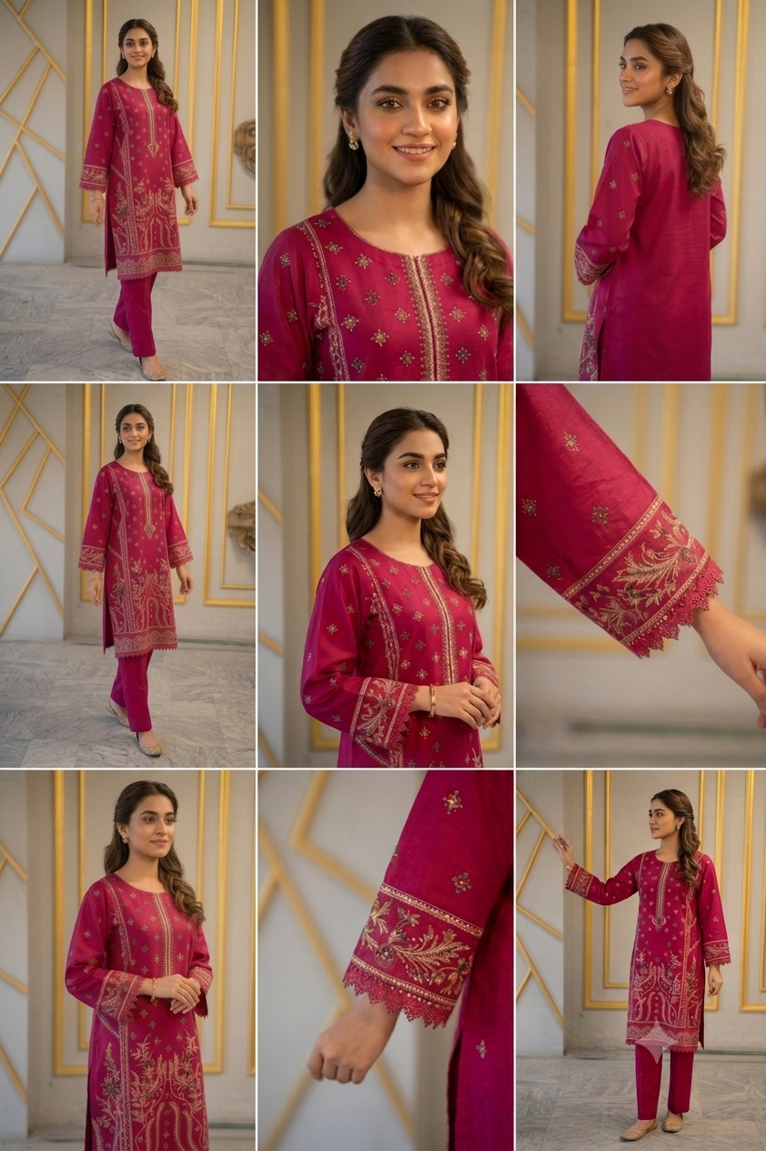 Premium Embroidered Lawn Unstitched 3 Piece Suit – Deep Pink
