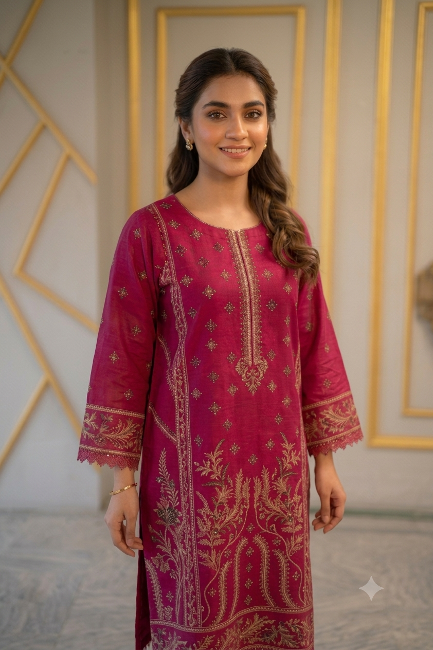 Premium Embroidered Lawn Unstitched 3 Piece Suit – Deep Pink