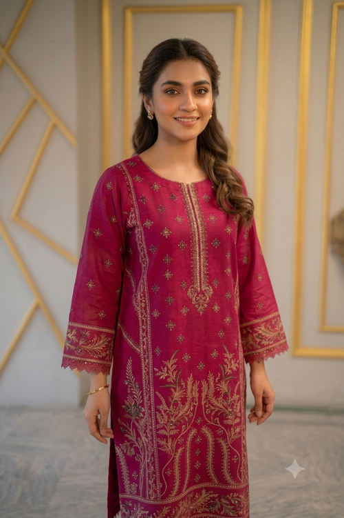 Premium Embroidered Lawn Unstitched 3 Piece Suit – Deep Pink