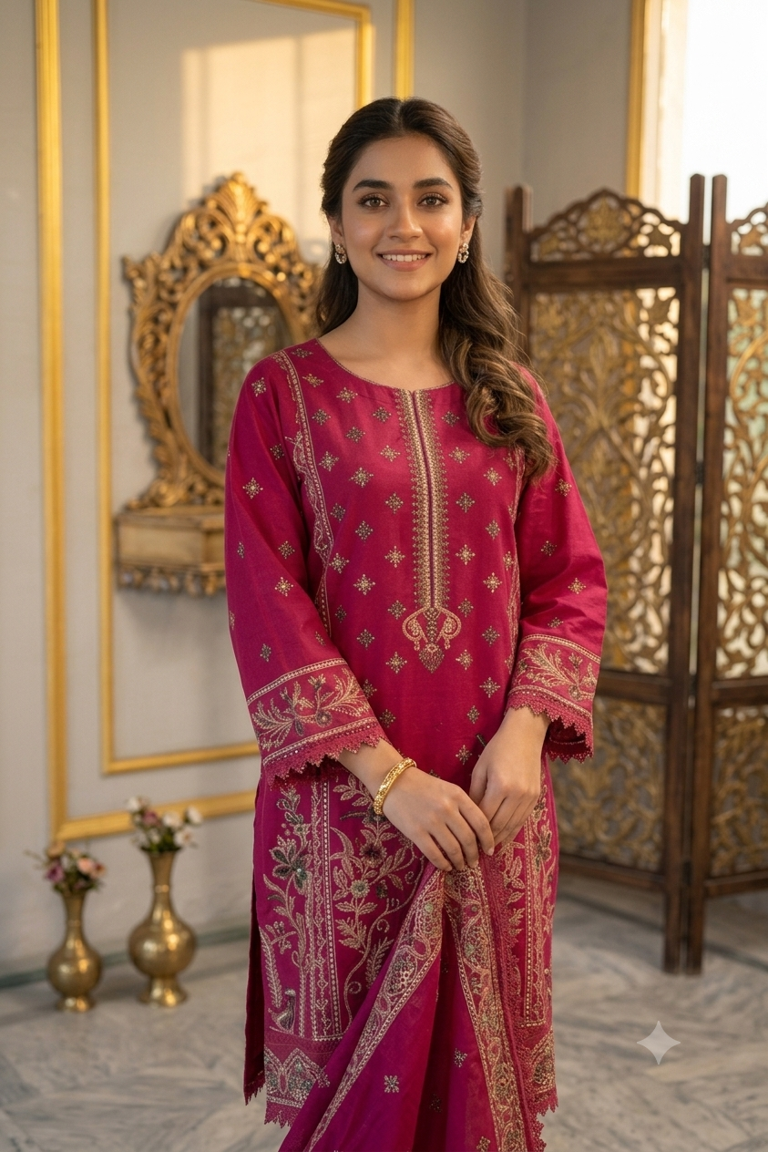 Premium Embroidered Lawn Unstitched 3 Piece Suit – Deep Pink
