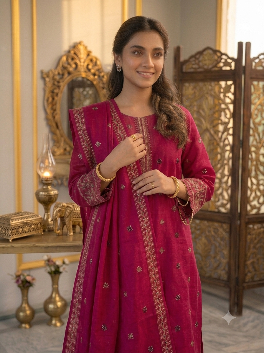 Premium Embroidered Lawn Unstitched 3 Piece Suit – Deep Pink