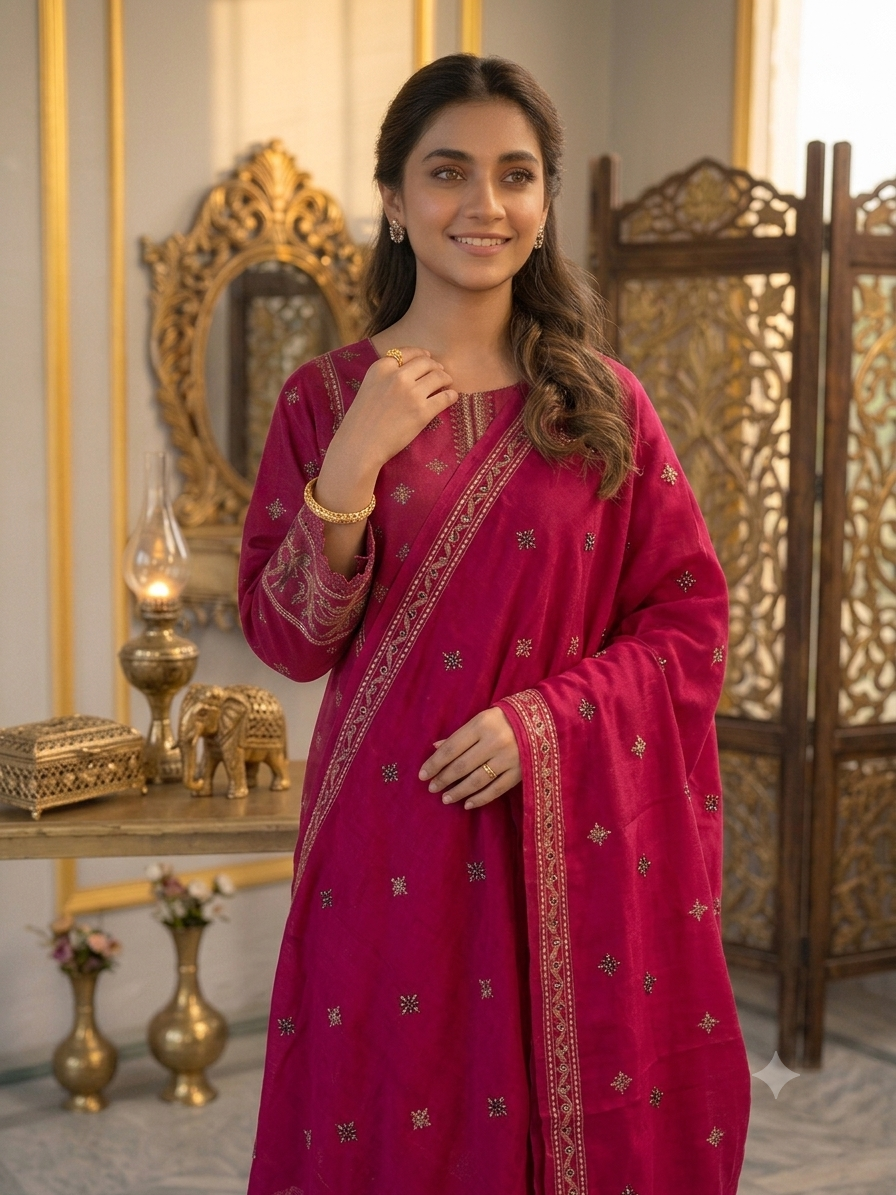 Premium Embroidered Lawn Unstitched 3 Piece Suit – Deep Pink